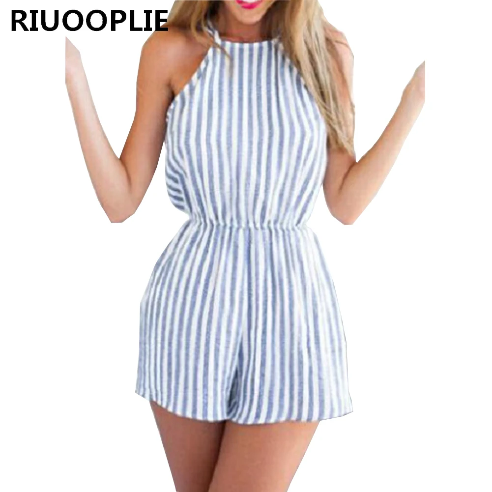 

RIUOOPLIE Women Casual Vertical Stripe Backless Blue Rompers Jumpsuits Shorts Beachwear