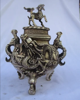 

Rare old antique tibet silver carved Big Dragon phoenix and Beast incense burner /metal censer 00028