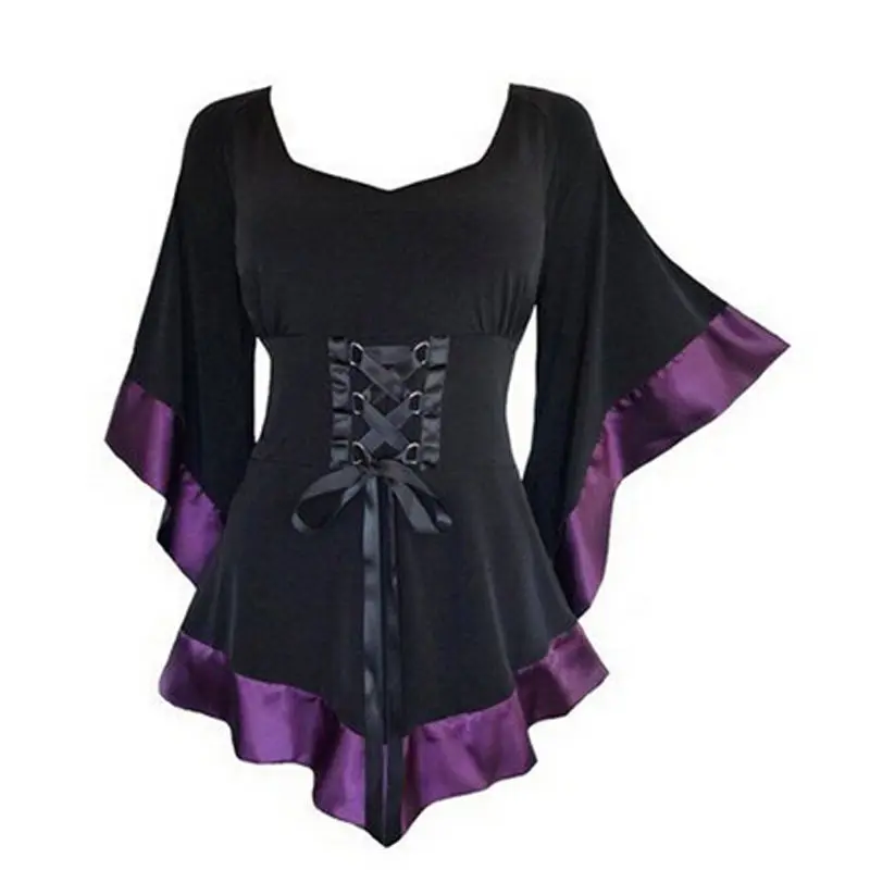 

Autumn Women Dress Gothic Steampunk Flared Sleeve Lace Up Loose T-Shirt Tops Blouses