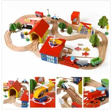 Высокое качество Горячие предложения головоломка 69 трек игрушка деревянный трек игрушка паровозик Томас состоит из самолета, поезда, автобуса, дерева