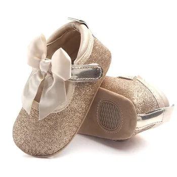 

Baby Shoes Newborn Girls Ribbon Bow Shallow First Walker Anti Slip infantil Moccasins Golden Silver