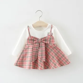 

Toddler Kids Baby Girls Long Sleeve Flower Print Clothes Party Princess Dresses Fake two-piece grid Cotton Bow Baby Clothes