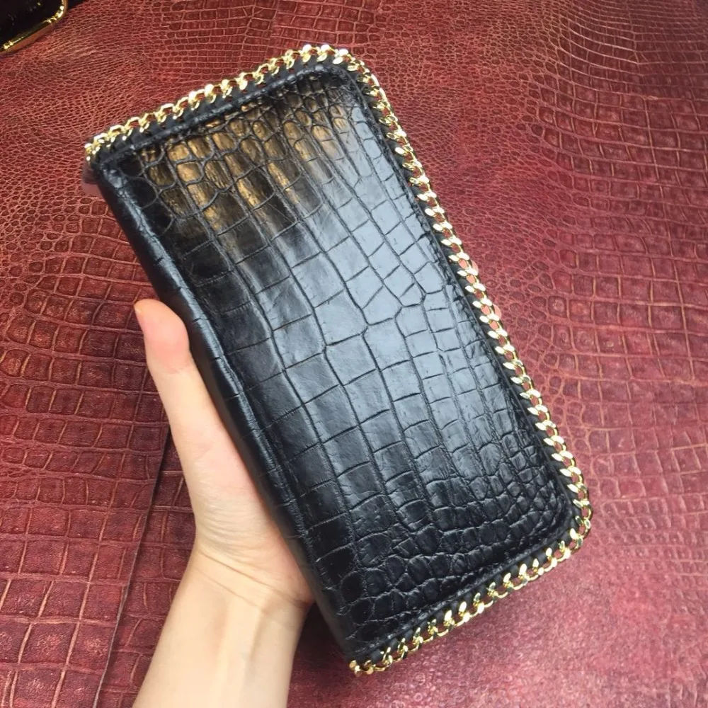 100% Genuine Crocodile Belly Skin Leather Women's Large Organizer Wallet Metal Chain Border Female Ladies Black Clutch Purse 100% Genuine Crocodile Belly Skin Leather Women's Large Organizer Wallet Metal Chain Border Female Ladies Black Clutch Purse