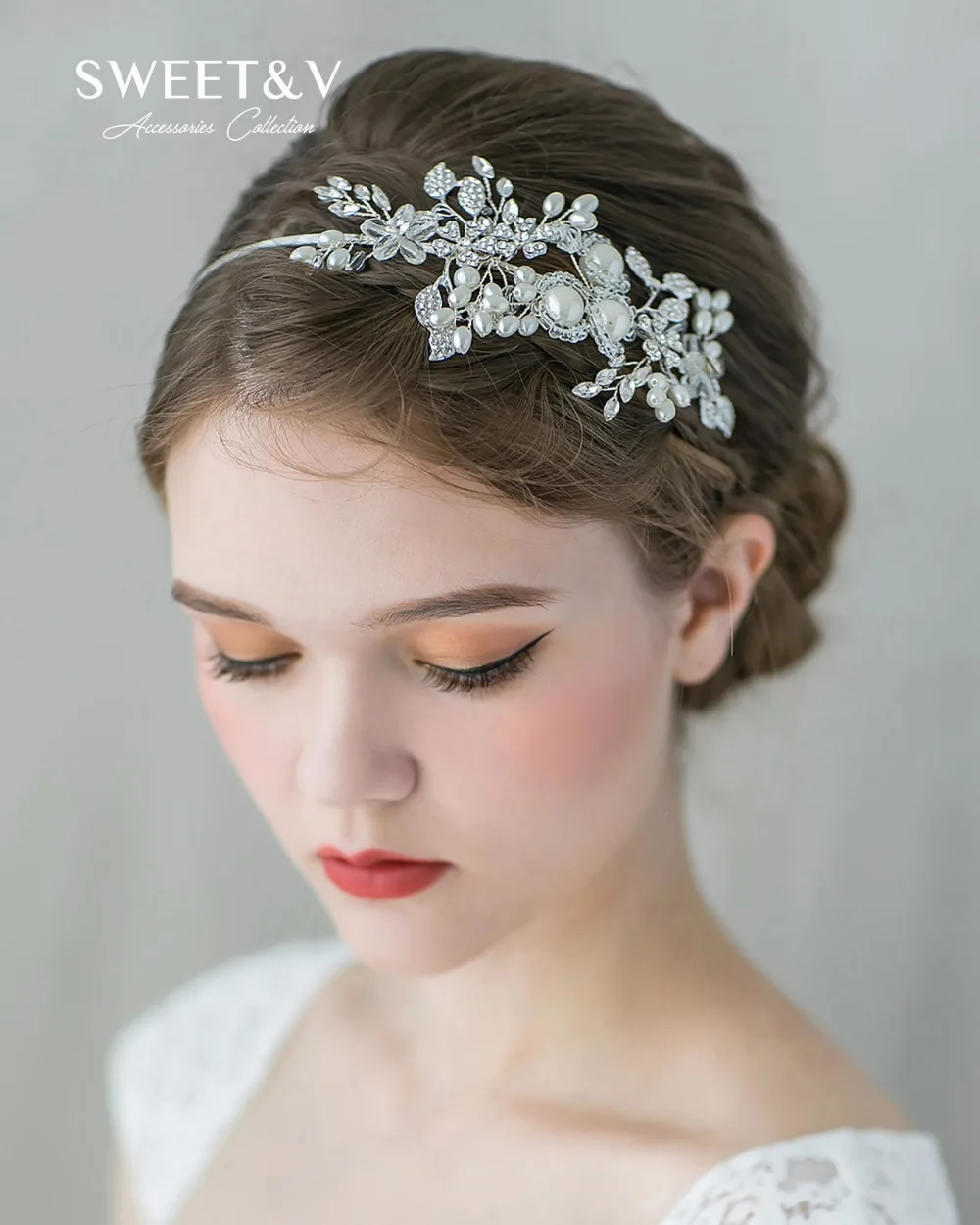 Handmade Pearl Headband Tiara Rhinestone Bridal Hair Jewelry Side