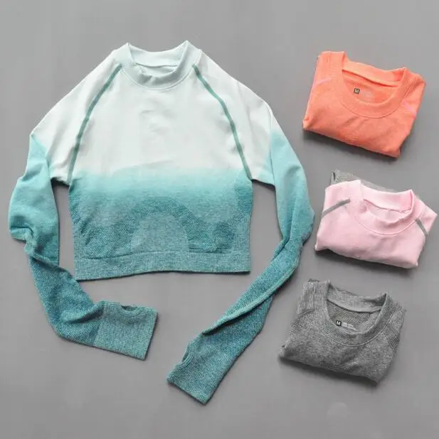 Recortado sem Costura Topo de Colheita Camisas de Treino para Mulher Feminino Ombre Manga Longa Esportes Topos Ginásio