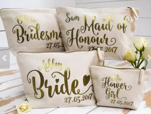 

Personalised BIRDE Bridesmaid, Maid of Honour, Flower Girl wedding Gift Make Up Bags Unique Gift for Bridal Party Bags