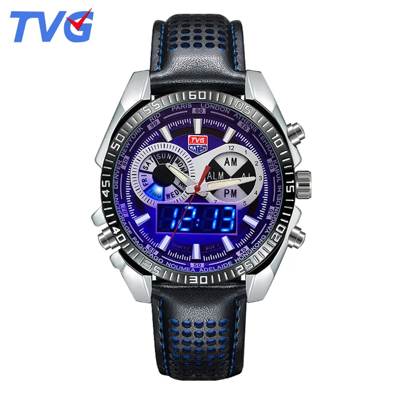 

TVG Fashion Brand Mens Watches Leather LED Waterproof Men sports Watches Analog Digital dual Watch Men Clock relogio masculino