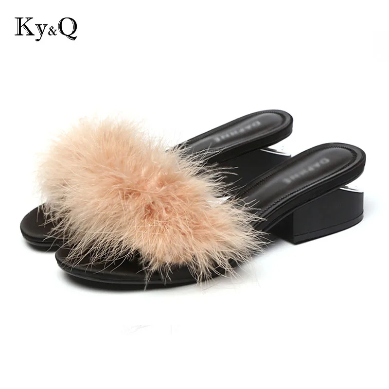 

2018 new fashion spring/autumn real fluffy real fur women mules round toe thin heels women slippers outside