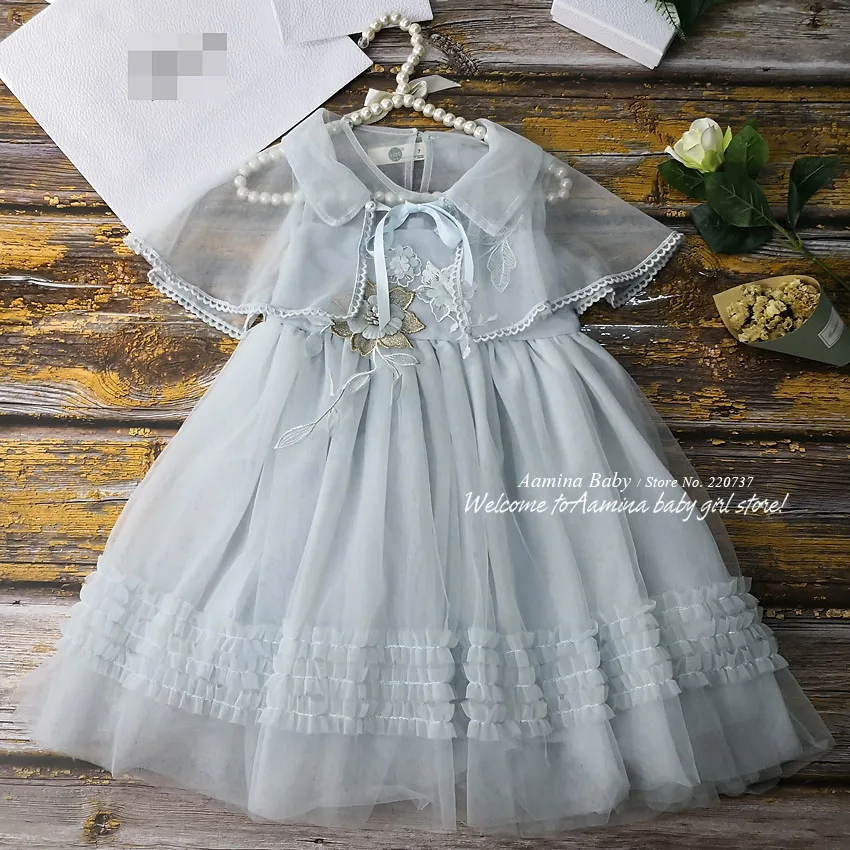 

5380 Beauty Cape Flower Embroidery Princess Baby Girl Dress Summer Wedding Party Kid Dress For Girl Wholesale baby girl clothes