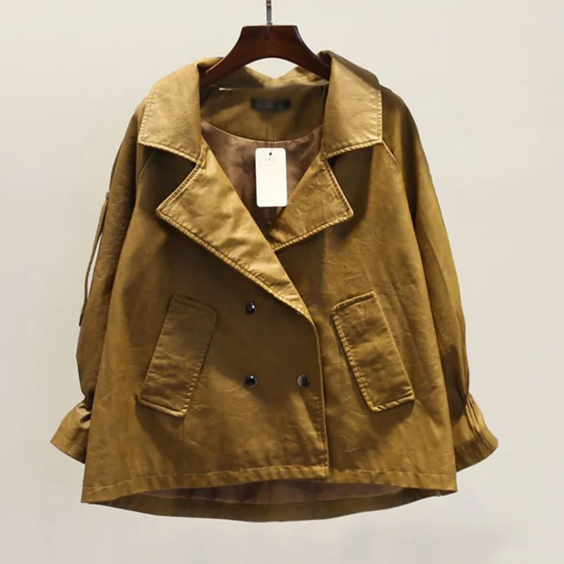 

[EWQ] 2019 Korean style long-sleeved solid color loose casual double-breasted Turn-down Collar PU leather women's jacket QJ874