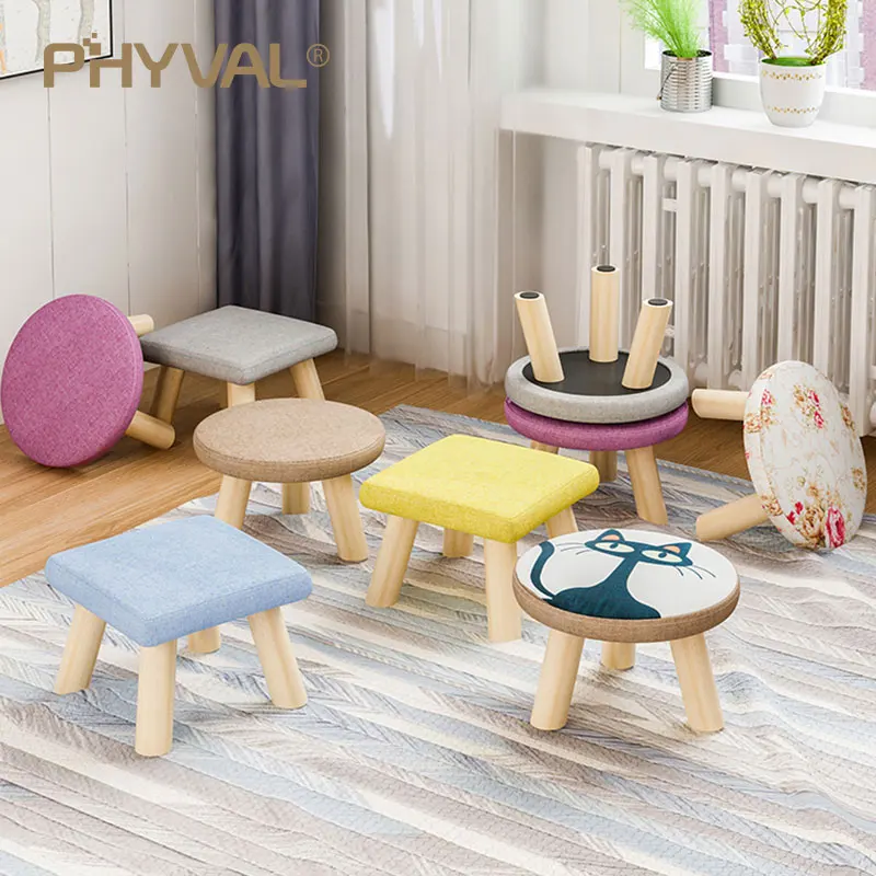 

Modern Luxury Upholstered Footstool Nordic Round Pouffe Stool Wooden Leg Pattern Round Fabric 4 Legs