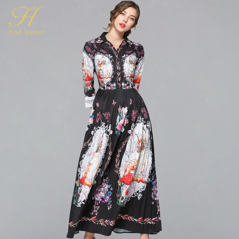 

H han queen New Summer Pleated Maxi Dresses Women's Printing Slim Sexy Black Vestidos Elegant Vintage Casual Office Party Dress