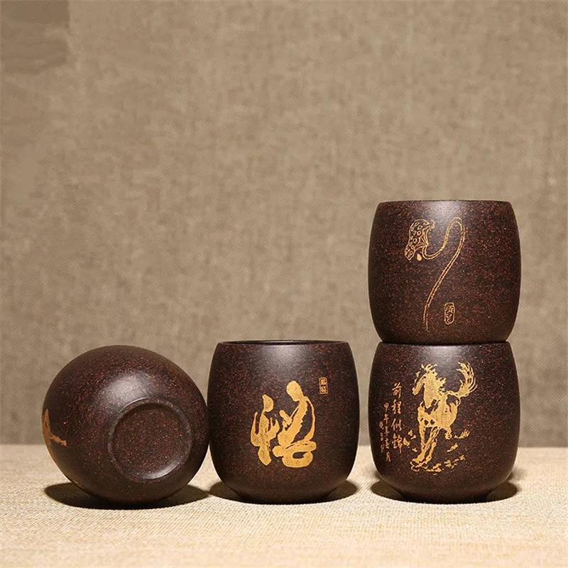 

4 Pieces yixing tea cups sets big cups and mugs kung fu ore purple clay handpainted zisha sand drinkware