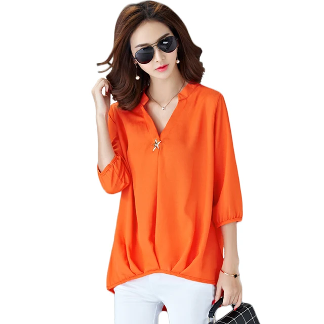 Summer Women Three Quarter Sleeve Loose Tops Sexy V Neck Sequined