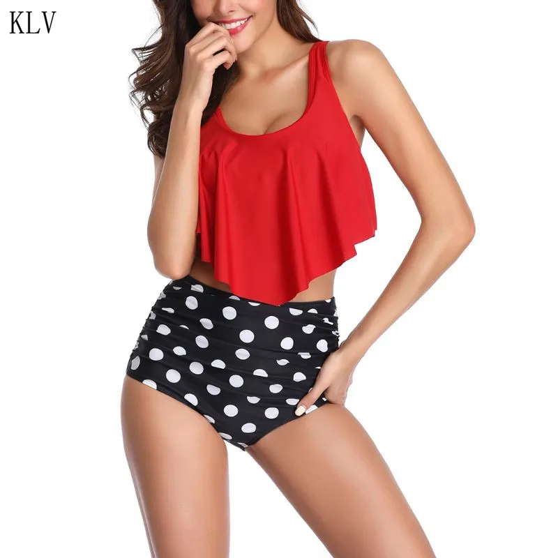 Womens Plus Size Bikini Set Ruffles Flounce Boho Floral Printing Crop Top High Waist Pleated Bottoms Thong Swimsuit Bathing Suit |