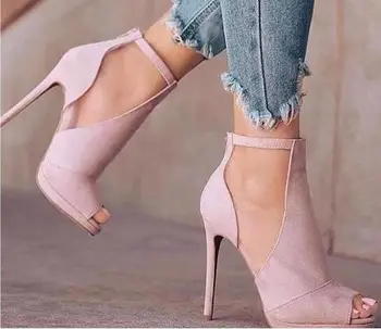 

Moraima snc 2019 popular Super high heel shoes Roman sandals zipper straps sexy shoes pink flock summer sandals