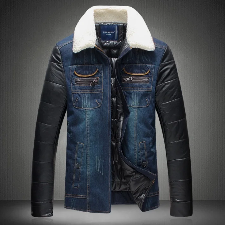 S 5XL Men's Denim Jeans Stichting PU Leather Thicken Warm Jackets Coats