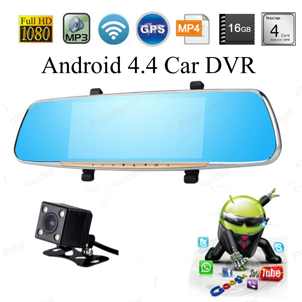 7 дюймов Full HD Android 4,4 сенсорный экран Автомобильный видеорегистратор двойной объектив зеркало заднего вида камера парковка, видео рекордер 16 Гб FM gps WiFi