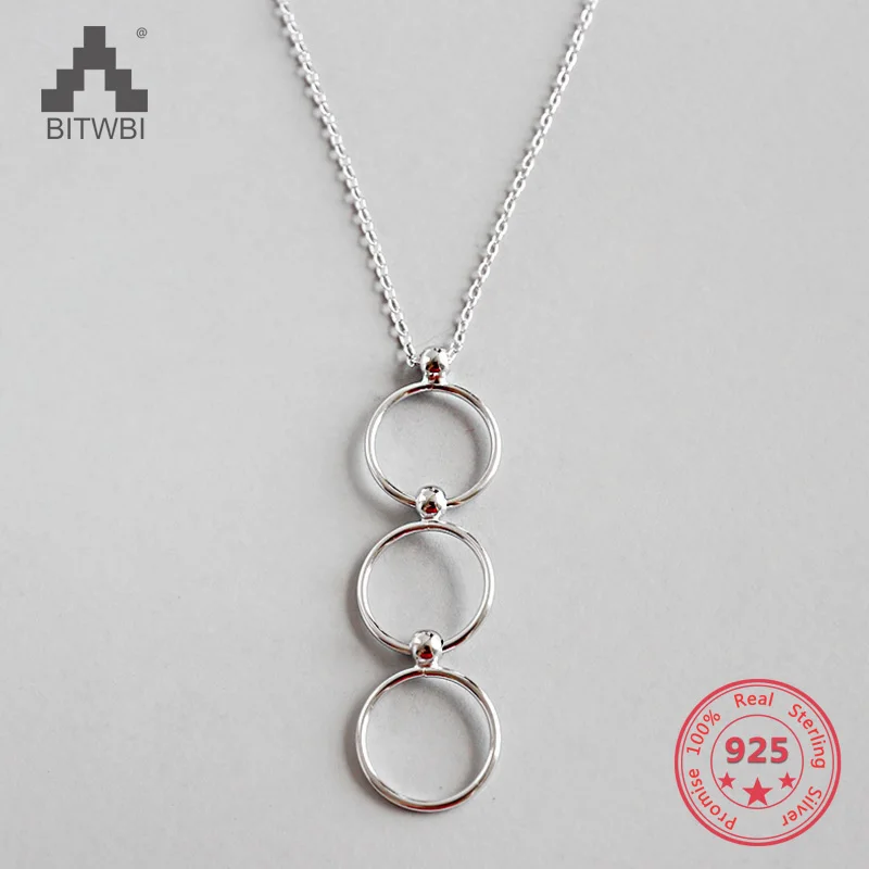 

100% S925 Sterling Silver Trendy Three Circle Necklace Women Jewelry Long Tassel Statement Necklaces & Pendants