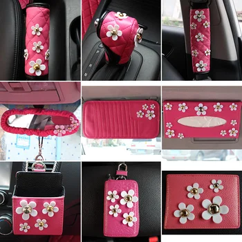 

Lady Car Interior Decoration Accessories Set Daisy Flowers Seatbelt Shifter Hand Brake Covers Auto Steering Wheel Cover Girls