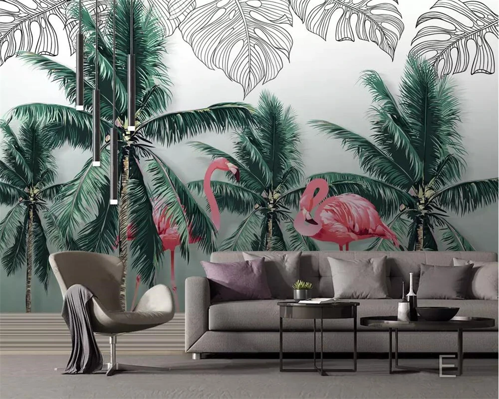 Beibehang на заказ обои Nordic ручная роспись маленькие свежие тропические растения Фламинго ТВ фон настенная живопись 3d обои