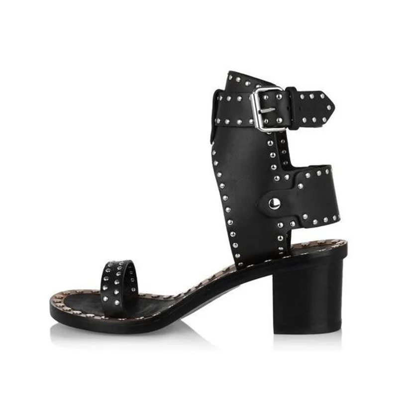 ELGEER New Studded Leather Sandals Rivets Combat Ankle Wrap Chunky
