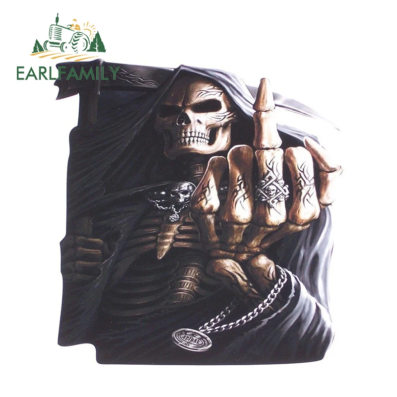 EARLFAMILY 13 см x 12 3 средний палец Мрачный Жнец Череп переводная Наклейка для окна SUV 4x4