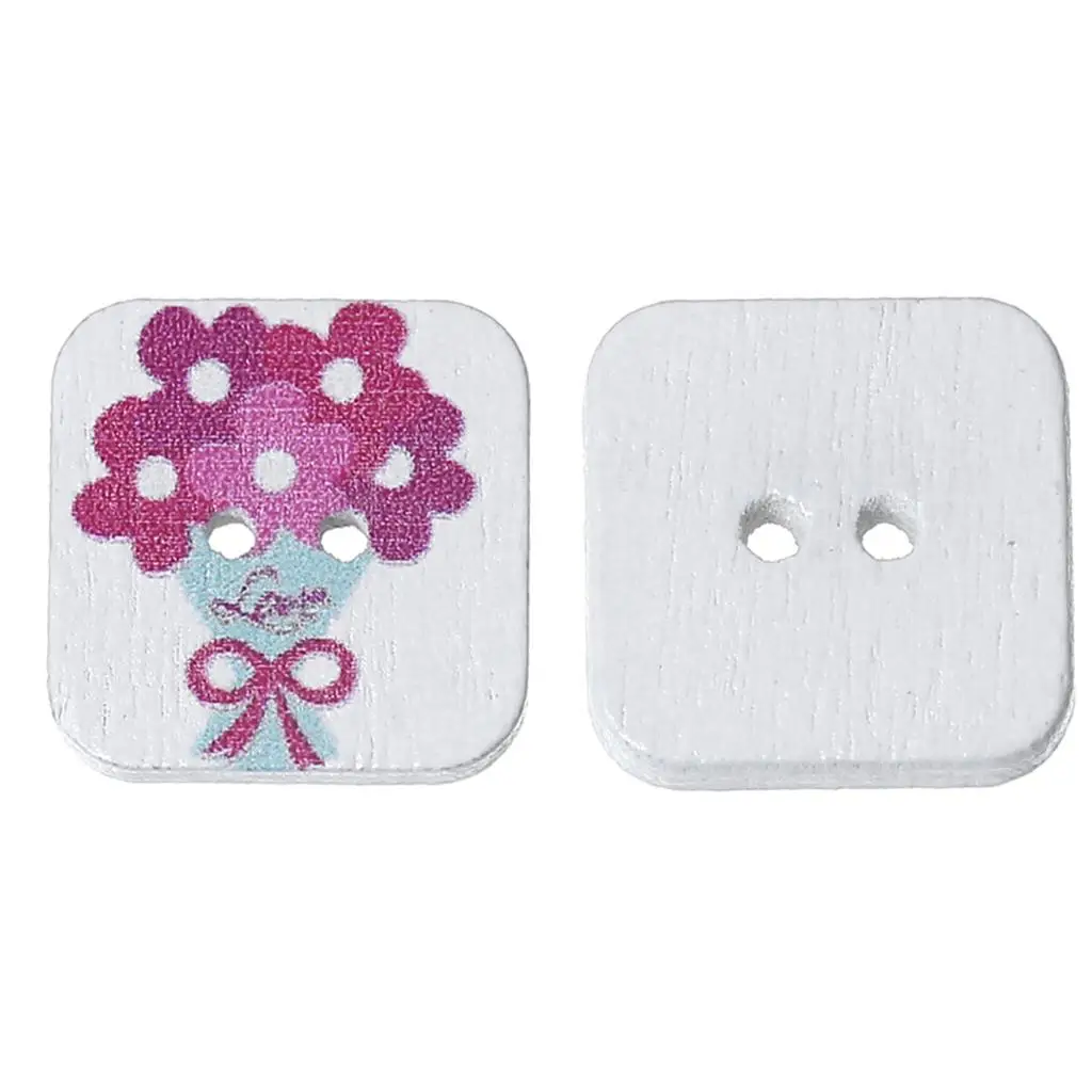 

Wood Sewing Button Scrapbooking Square Fuchsia 2 Holes Flower Pattern 24mm(1")x 24mm(1"),6 PCs new