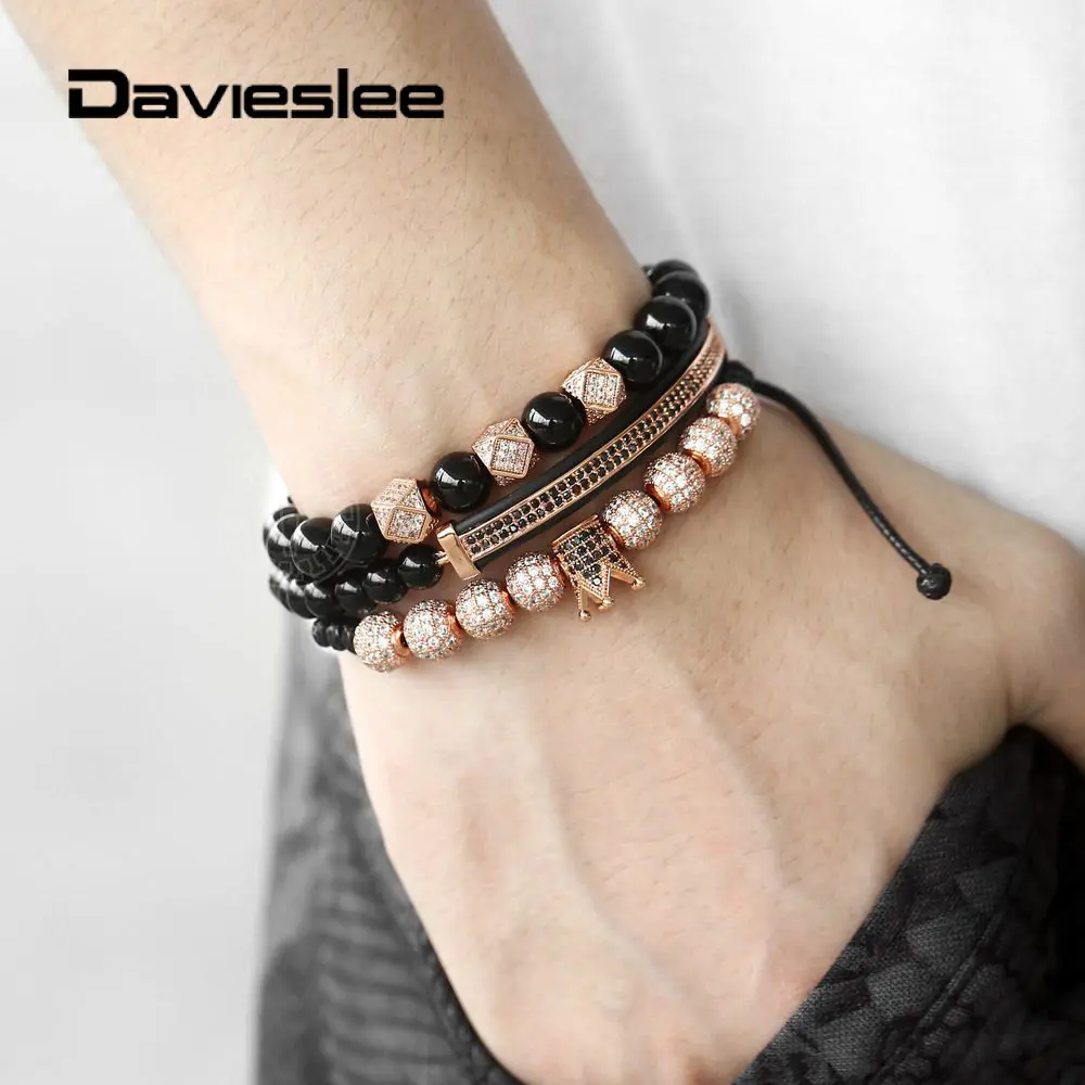 

3Pcs/Set Womens Mens Beaded Bracelets Paved CZ Stone Braided Leather Stretch Crown Charm Bracelets for Women Men LDBM61