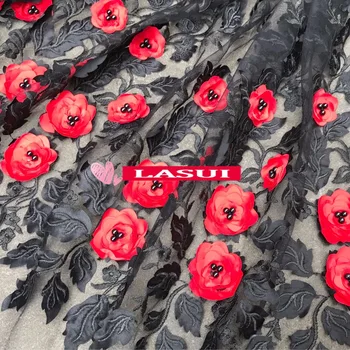 

LASUI NEW Black and red 3D flowers heavy beaded embroidered mesh fabric lace applique skirt dress fabric accessories X0363