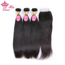 Queen Hair Peruvian Virgin Straight Hair 3 Bundles With Closure 100% Unprocessed Human Hair Weave Bundles With Lace Top Closure