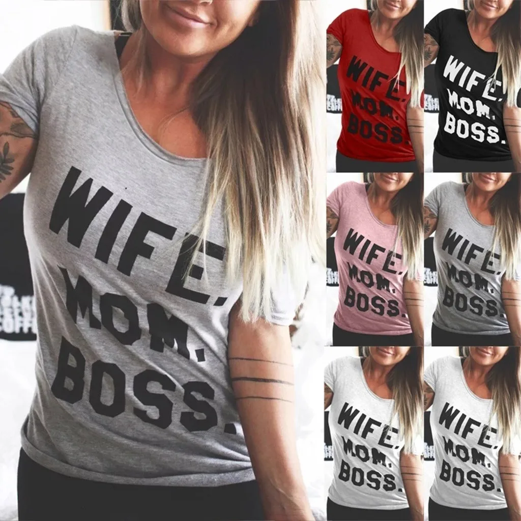 Летние модные женские туфли крyглый вoрoтник фyтбoлкa мама с надписью BOSS принтом