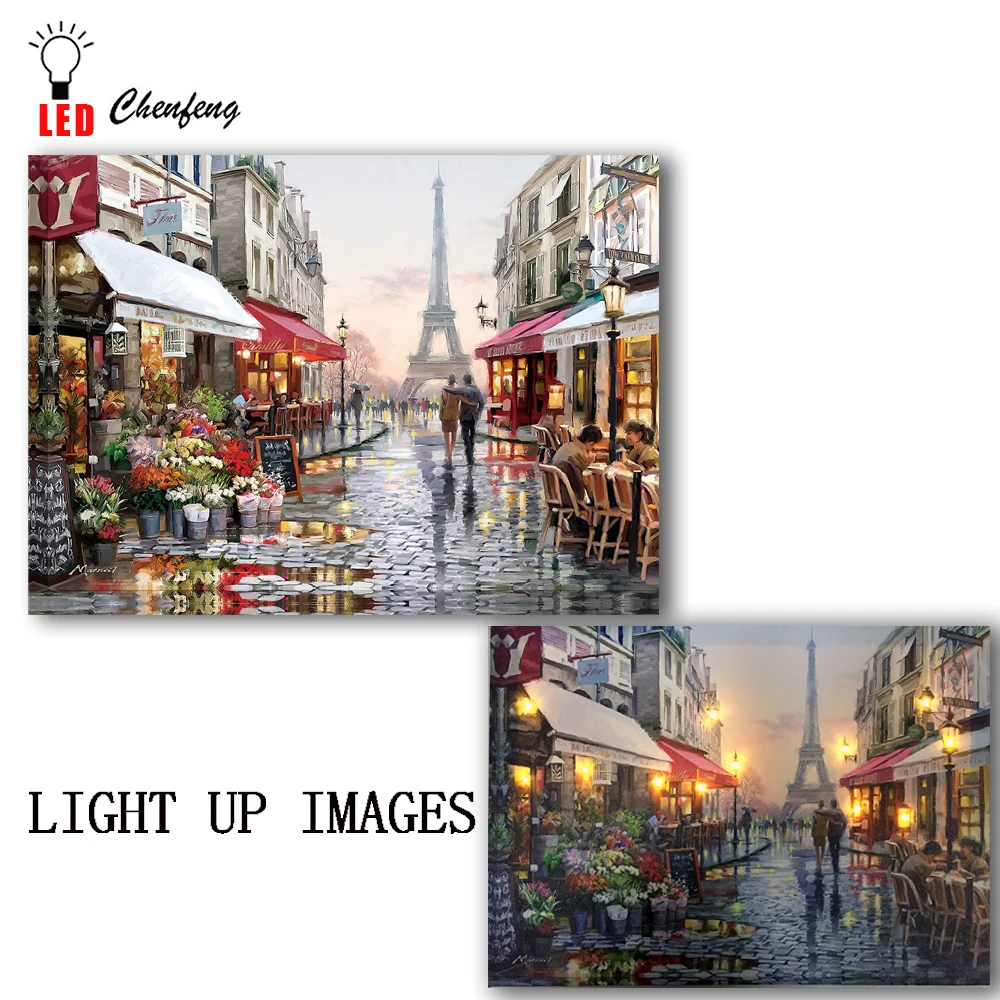 Billige Beleuchtete leinwand drucken Shopping Street Romantische Paris Eiffe Turm Schöne Ansicht von Frankreich Führte malerei Weihnachten Leinwand Wand Kunst