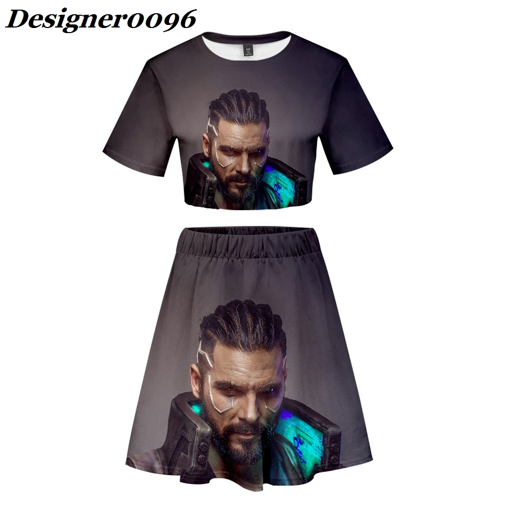 

2018 New Game cyberpunk 2077 Cosplay Costume 3D High Quality Color Printing Craft T-Shirt + Short Skirt Set Women's Clothing