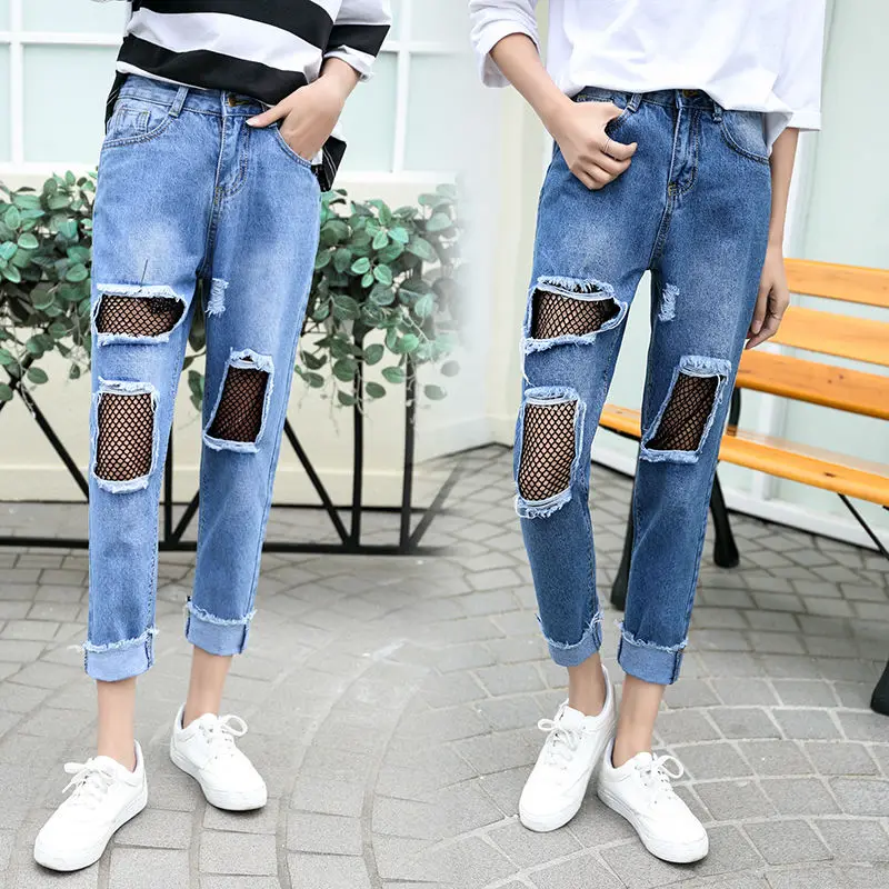 

Jeans for women hole ripped jeans women pants Cool denim vintage straight jeans for girl Mid waist casual harem pants female