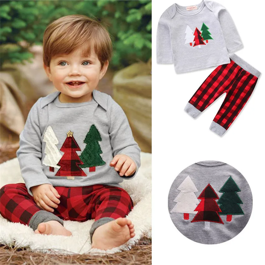 

New Xmas Santa Clothes Set Kid Baby Boy Girl Suit Santa Claus Tops Red Checks Long Pants Toddler Infant Outfit Chidlren Clothes