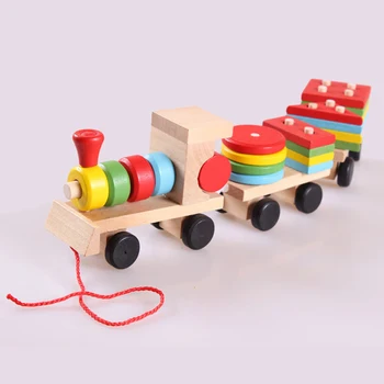 

Montessori Toys Educational Wooden Toys for Children Early Learning Geometric Shapes Train Sets Three Tractor Carriage Games