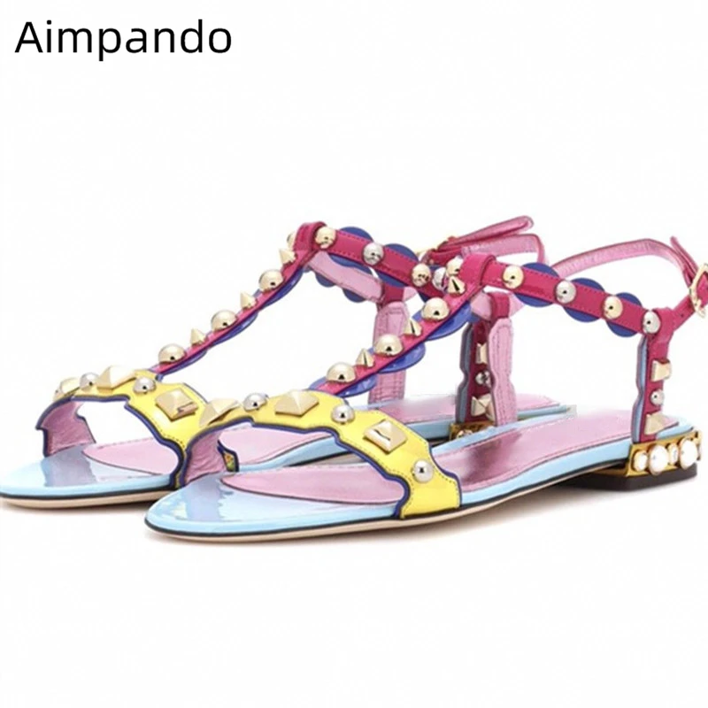 

Mixed Color T-strsp Gladiator Sandalias Mujer 2019 Beading Pearl Rivet Flat Summer Shoes Holiday Sandy Beach Sandals Women