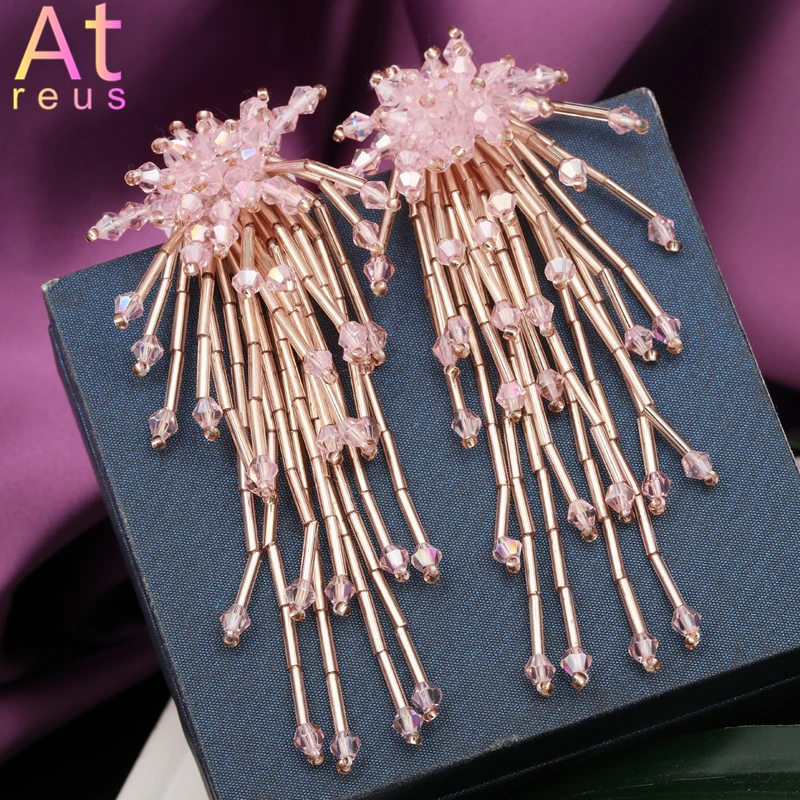 

Bling Pink Crystal Beads Charms Chain Tassel Earrings For Women Accessories Tube Fashion Bridal Wedding Dangle Earrings Jewelry