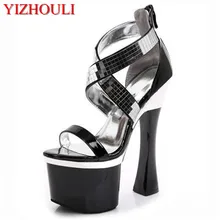 Европейские и американские сандалии на квадратном каблуке 18 см; красивые черные Яркие босоножки с носком; Танцевальная обувь для сцены