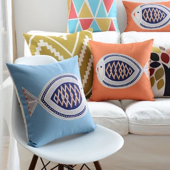

Wholesales Linen Pillow Cover Colorful Tree Leaf Fish Blue Pink Nordico Geometric Home Decorative Pillow Case 45x45cm/30x50cm