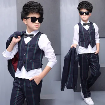 

Boy's Suits & Blazers Children's Clothing Boy's suit+pant+vest+shirt+bow tie five pieces sets 115-155cm striped wholesale hot