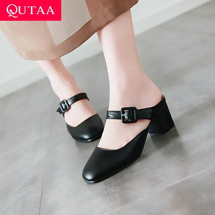 

QUTAA 2019 Women Pumps Square Med Heel Slingback PU Leather Square Toe Buckle Slip on Slippers Fashion All Match Size 34-43