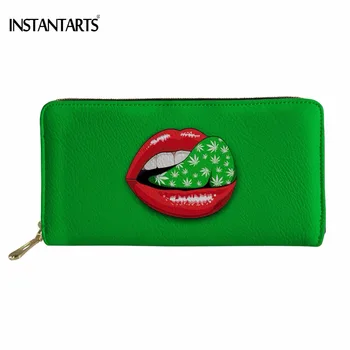 

INSTANTARTS Fashion Green 3D Leaf/Red Lips Printing Woman's Long PU Leather Wallet Waterproof Credit Card Holder Cash Money Bags