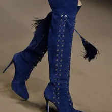 Новинка Модные женские острый носок на шнуровке замшевые кисточки сапоги на высоком каблуке пикантные гладиаторы выше колена сапоги