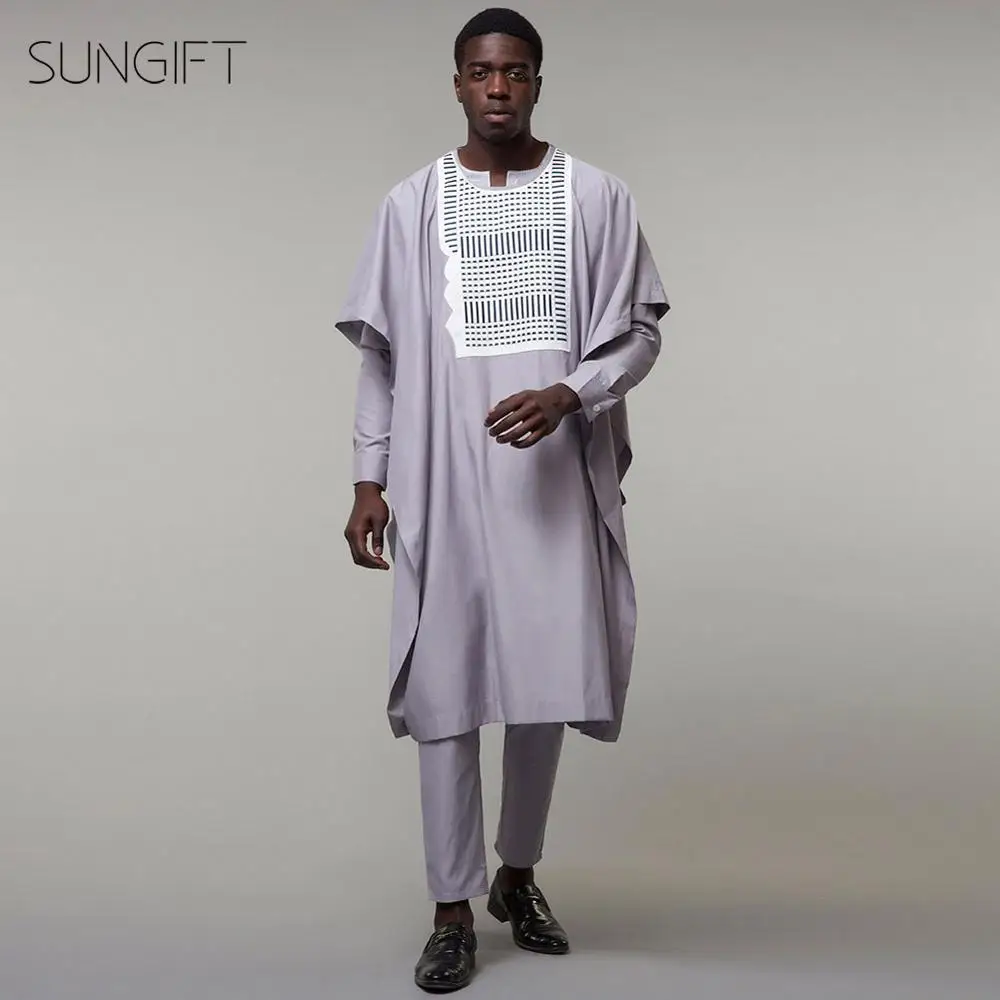 SUNGIFT Мужская африканская рутинная круглая шея Agbada Топ dashiki серые рубашки грудь печать и брюки размера плюс наряды 3 шт