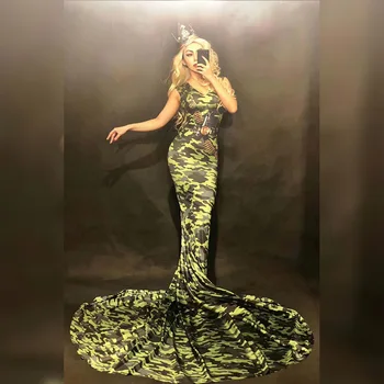 

Green Camouflage Pattern Dress Fish Tail Jazz For Women Lady Nightclub Salsa Jumpsuit Bar Dj Singer Dress Stage CostumesDJ251