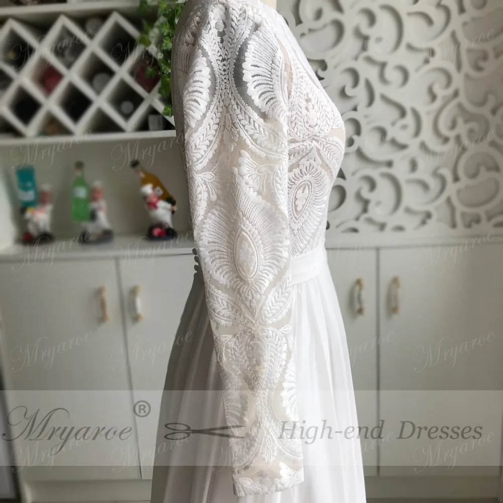 Mryarce Unique Lace Long Sleeves Open Back Simple Elegant Wedding Dress Chiffon Detachable Train  Bridal Gowns 4