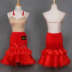 Новый сексуальный костюм Латинский танец Для женщин модные Оригинальные красные Топы + юбка Леди Румба Бальные конкурс качественную