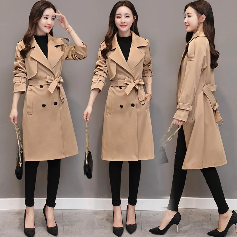 Womens Trench Coat Long Sleeve Solid Color Double Breasted Belted Jacket Coat Spring Fall Clothes